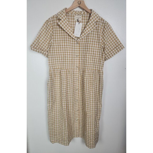 Offon Clothing Women's Sz. L Short Sleeve Button Down Tan Gingham Dress NWT - Picture 1 of 4